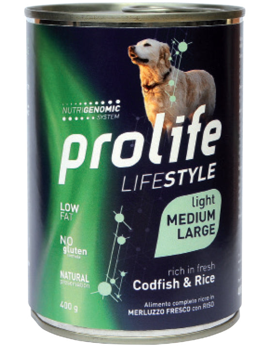 Lattina Prolife LifeStyle 400g cane adulto light merluzzo e riso per taglia media e grande Lattina Prolife LifeStyle 400g cane adulto light merluzzo e riso per taglia media e grande